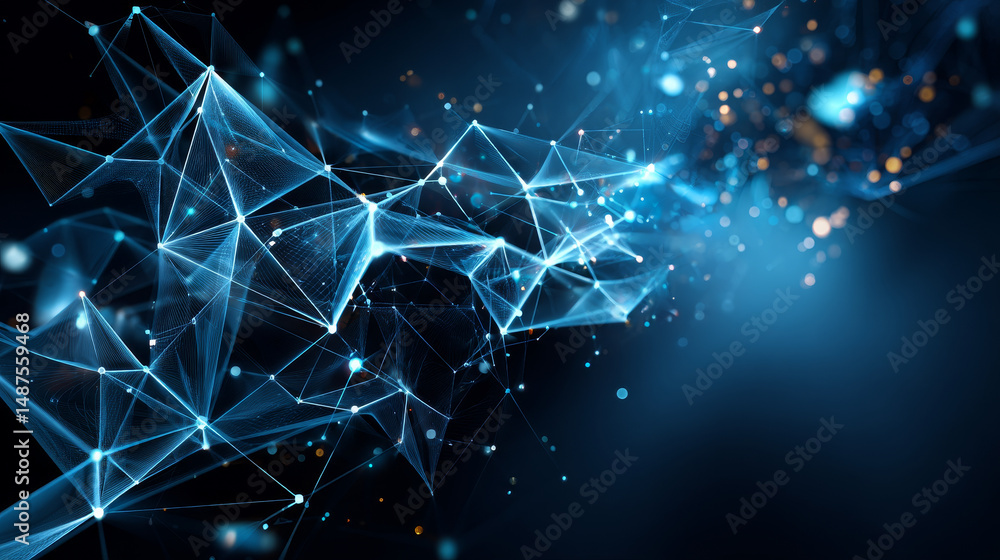 Poster abstract bullet from lines and triangles, point connecting network on blue background. illustration 