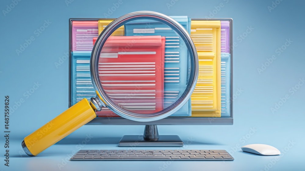 Poster a magnified computer and keyboard illustrating machine-powered wage transparency in the modern digit