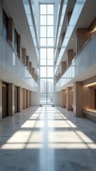 A spacious hallway with high ceilings and ample natural light through large windows