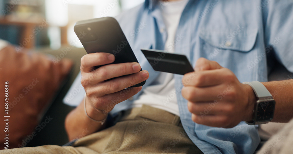 Aufkleber man, hands and mobile with credit card for online shopping, ecommerce and bill payment portal in hom