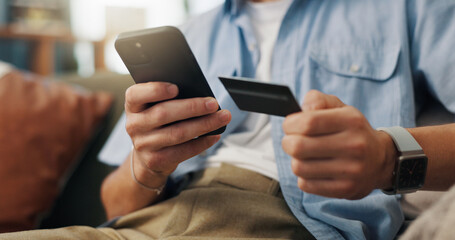 Man, hands and mobile with credit card for online shopping, ecommerce and bill payment portal in...