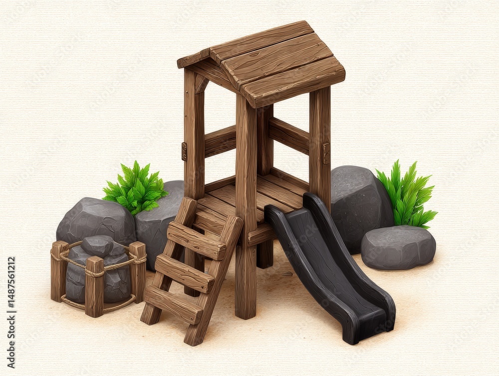 Poster wooden playground structure featuring a slide surrounded by rocks and greenery creating an inviting 