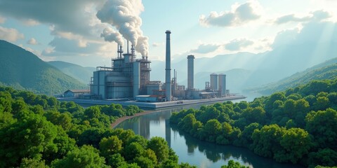 A factory on a riverbank with smoke stacks