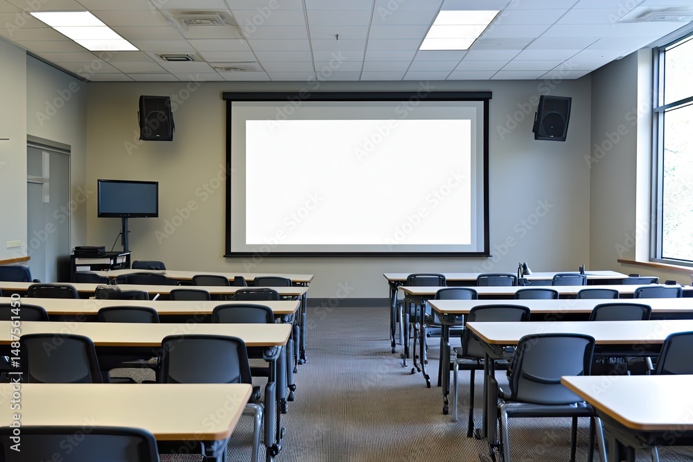 Poster empty lecture hall with projector and presentation screen.