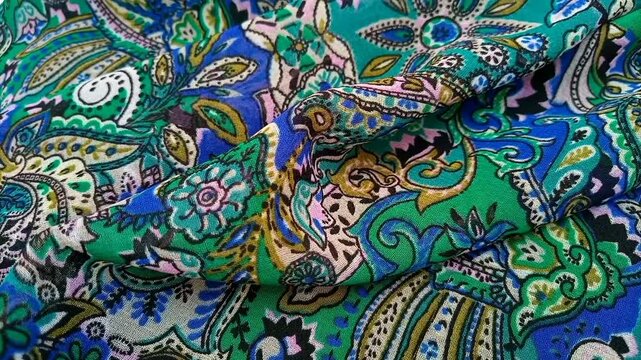 Paisley patterned fabric detail wrinkled moving background, featuring curved, teardrop shaped motifs of Persian origin with vibrant colors like blue and green, texture
