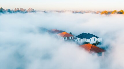 Dreamy Neighborhood Houses Floating in Dense Fog, Foggy , Housing
