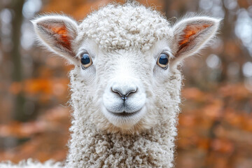Obraz premium A cute lamb with curly wool stares directly at the camera, set against a blurred autumn background.