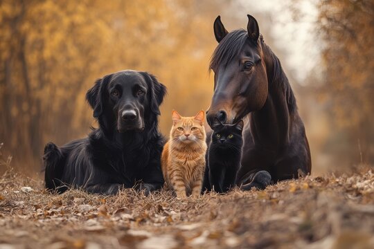 Loyal dog, orange tabby cat, black cat and brown horse posing. Good for ads about animal shelters, pets, or animal companionship.