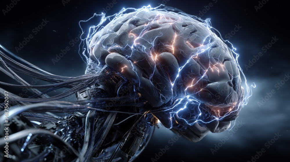 Poster big artificial brain or supercomputer with ai via wires connected with human brain. deep learning of