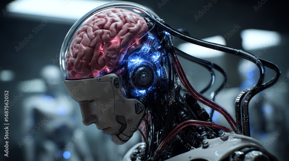 Poster big artificial brain or supercomputer with ai via wires connected with human brain. deep learning of