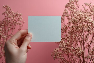 Obraz premium Pale Blue Card Held Amidst Delicate Pink Flowers: A Minimalist Still Life