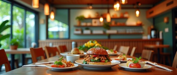 Fototapeta premium Food spread on wooden table in modern restaurant with green walls, potted plants, and open windows to outdoor patio