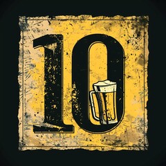 A vintage-style graphic design featuring the number "10" with a mug inside, surrounded by a yellow border with textured, distressed details.