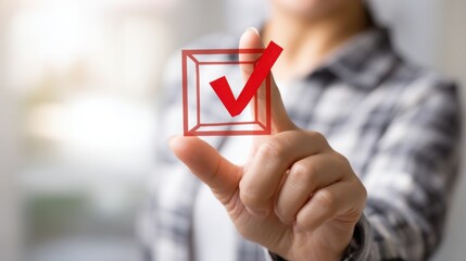 Person holding red check mark to symbolize review transparency concept for opening up decision processes and clarity