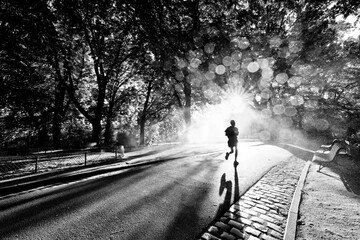 Runner and water jet in the Montsouris park. Paris 14th arrondissement.