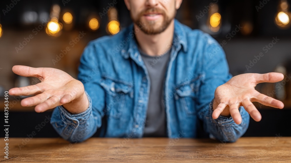 Poster man with outstretched hands symbolizing the act of raising plan questions and addressing surface ope
