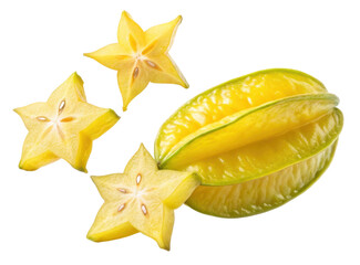 Fototapeta premium Fresh Yellow Starfruit Halved with Slices Displayed on Transparent Background