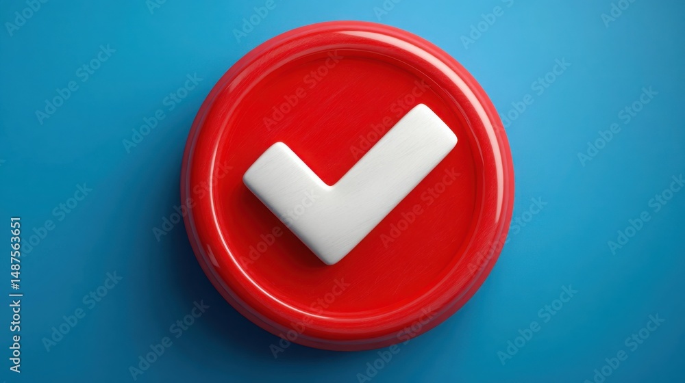 Poster red button featuring a white check mark symbolizing confirmation and assessment of input clarity and