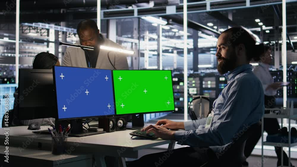 Poster data center admin using isolated screen mockup pc to update storage arrays software, configuring net