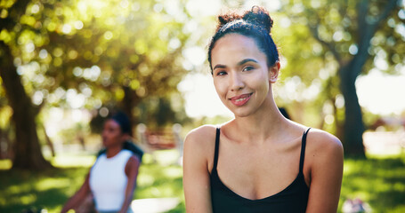 Nature, woman and smile in portrait for yoga class, holistic healing and mindfulness with...