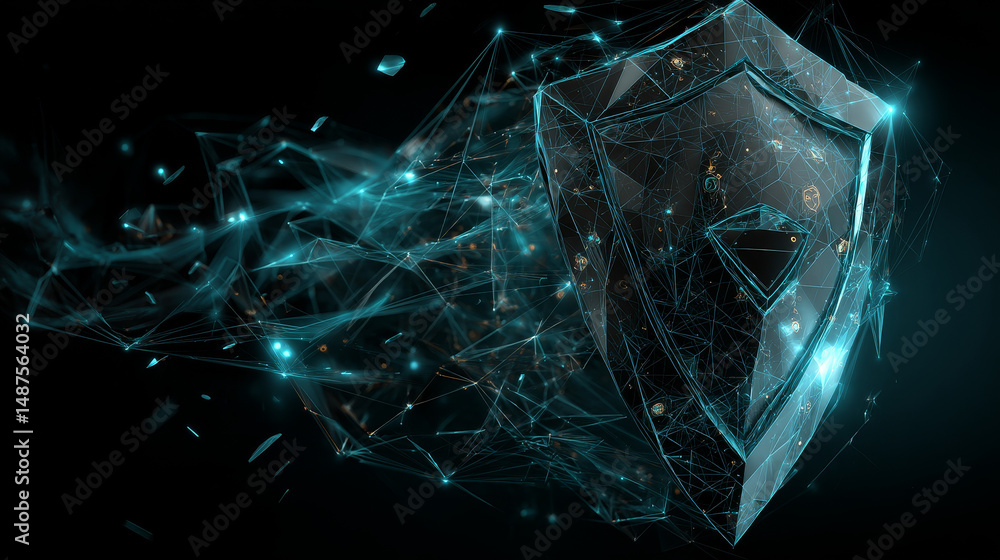 Poster security shield form lines, triangles and particle style design. illustration vector