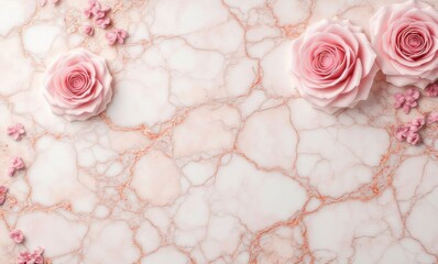 Delicate pink roses and blossoms on a luxurious marble surface.