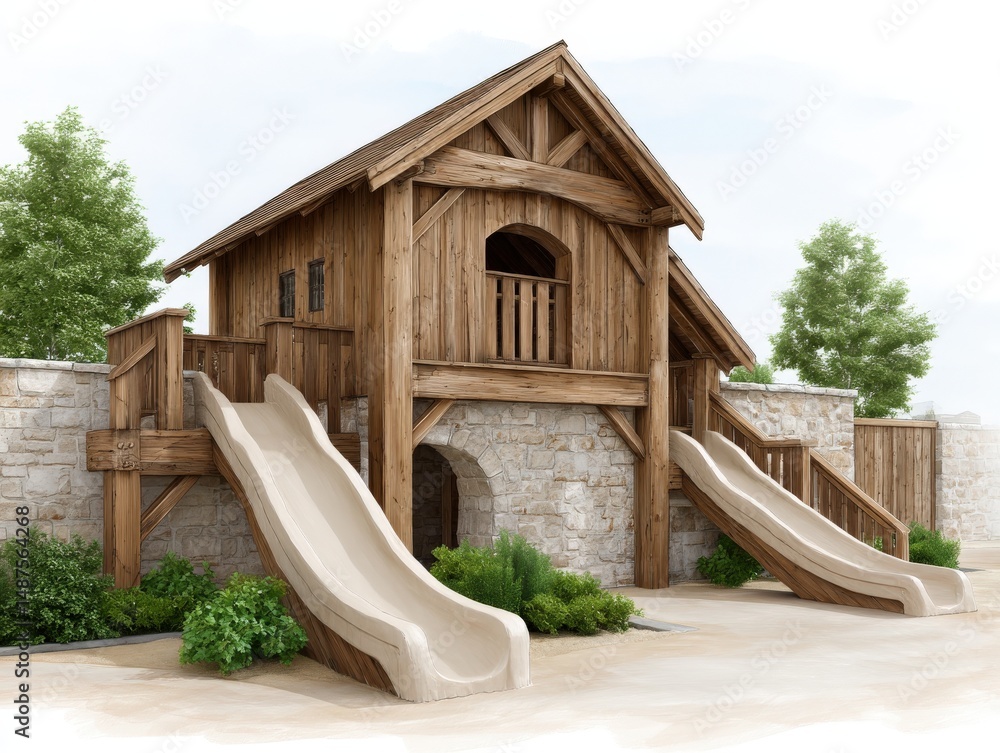 Aufkleber Charming wooden playground structure featuring two slides surrounded by lush greenery and a stone wall creating an inviting outdoor recreational space for children’s development and play