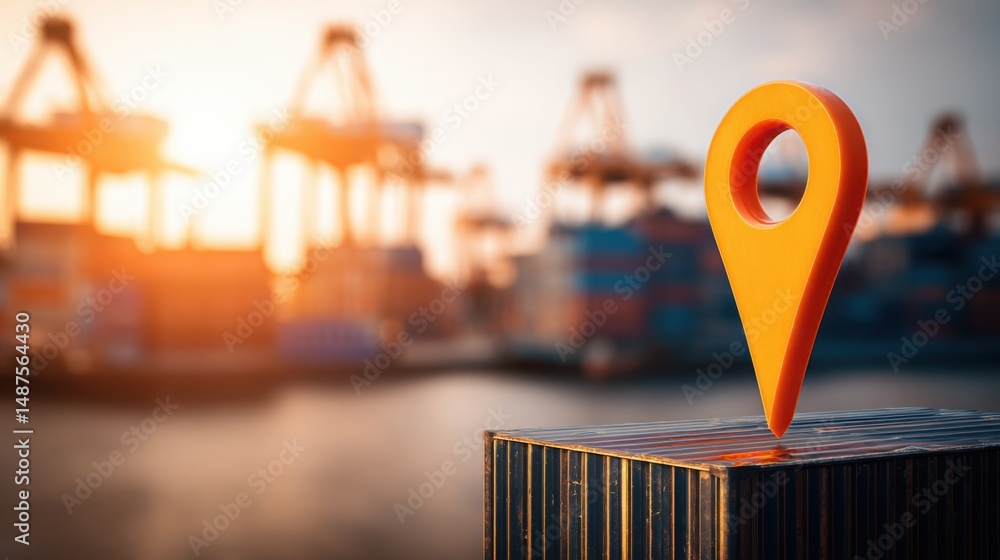 Poster map marker with shipping container in background signifying real-time global trade scanner icon conc