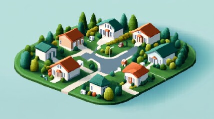 Isometric Pixel Art of Suburban Houses, Village ,Neighborhood