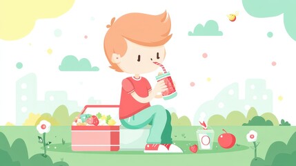 Cartoon Boy Enjoying a Picnic in the Park Illustration