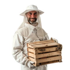 Smiling beekeeper holding a beehive.  Beekeeping suit, protective gear, honey production, natural product
