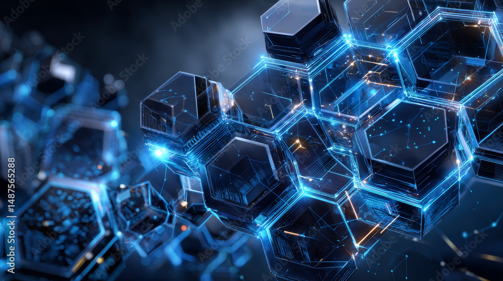 Poster abstract blue geometric hexagon shape and lines with science concept background