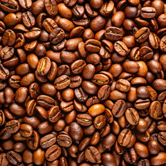 Fototapeta premium Brown coffee beans lot captured in closeup with focus on texture and roasted aroma