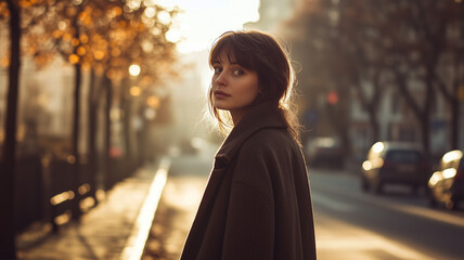 A woman walking along a quiet tree-lined street in early morning light with peaceful nostalgic atmosphere real photo stock photography