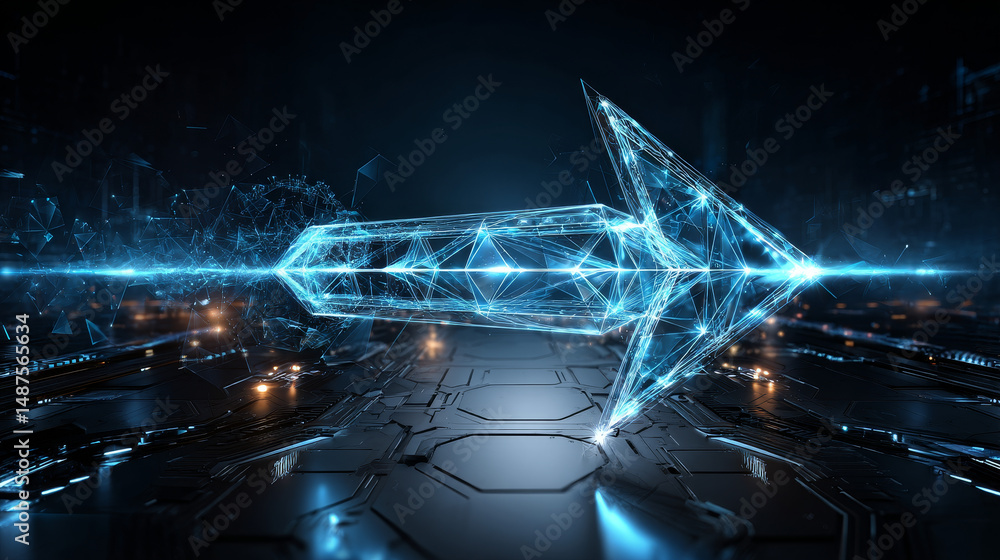 Poster abstract futuristic 3d render of a glowing blue four-way directional arrow with digital light effect