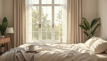 Bright Bedroom with Large Window and Cozy Bed