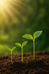 Three green seedlings are growing in rich soil under sunlight