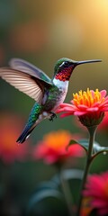 Vivid hummingbird nectaring on flower