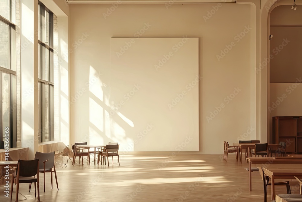 Poster spacious interior with large blank canvas and sunlight filtering through windows.