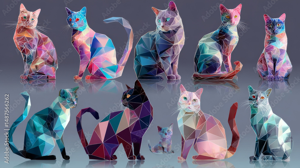Poster cat animal set in colorful polygonal low poly. cat icon in colorful abstract. vector of cat collecti