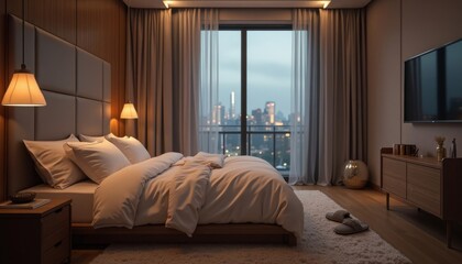 Modern Bedroom with City View and Cozy Lighting