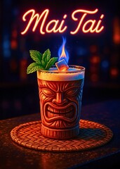 Flaming Mai Tai Cocktail in Tiki Glass with Mint Garnish