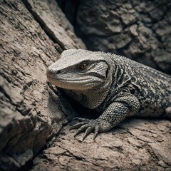 A monitor lizard dormant in crevice, white tone