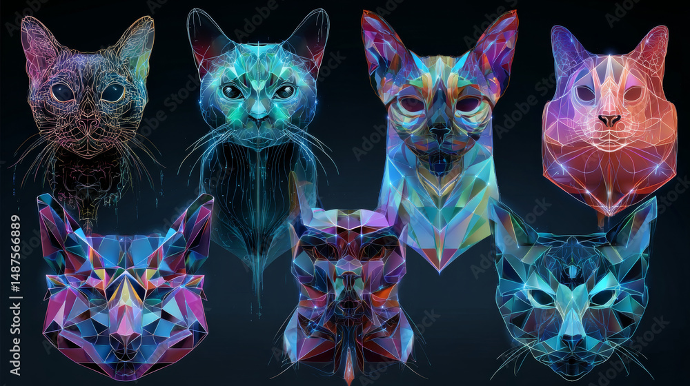 Poster cat animal set in colorful polygonal low poly. cat icon in colorful abstract. vector of cat collecti