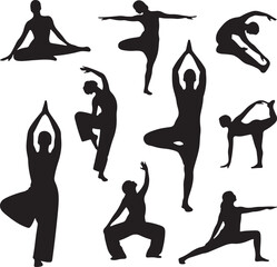 a collection of human silhouettes performing various yoga poses, dynamic and graceful body positions, black vector style on a white background, high contrast, minimalist design, fitness and wellness t