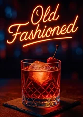 Classic Old Fashioned Cocktail with Cherry in Crystal Glass