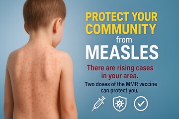 Educational measles awareness poster displayed in a clinical setting listing symptoms, complications, and vaccine safety to inform the public and encourage immunization.