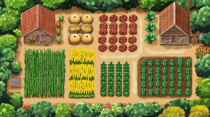 Aerial View of a Rustic Farm:  Organized Crops, Wooden Barns, and Lush Greenery