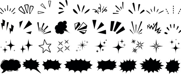 Comic explosion element, star burst, speech bubble, and sparkle icon collection in black silhouette style. Perfect for pop art, retro comics, and cartoon effects in graphic design projects