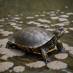 A western painted turtle in pond floor, hibernating, soft white
